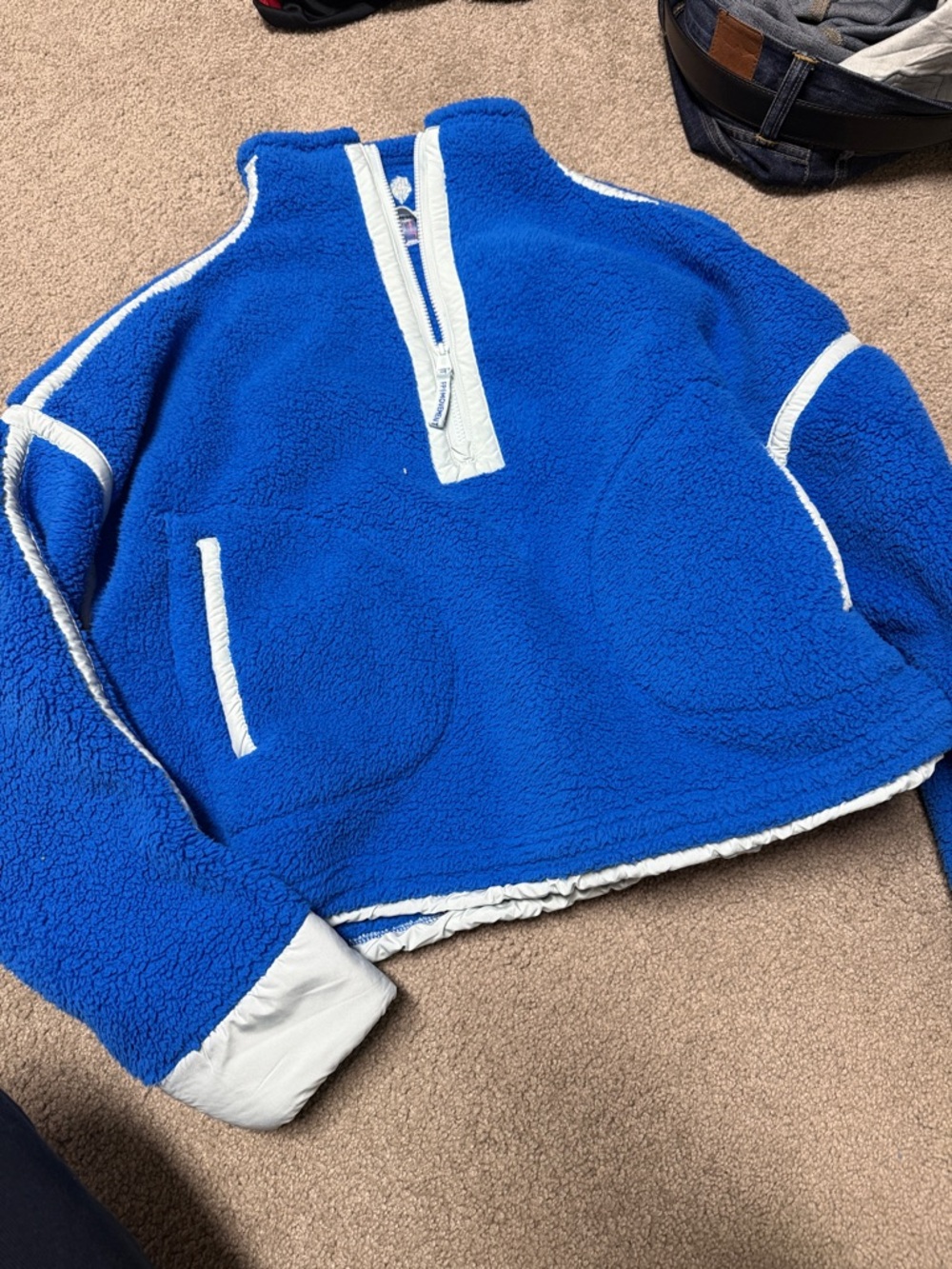 Free People Royal Blue Sherpa Half-Zip Vest with Cream Trim